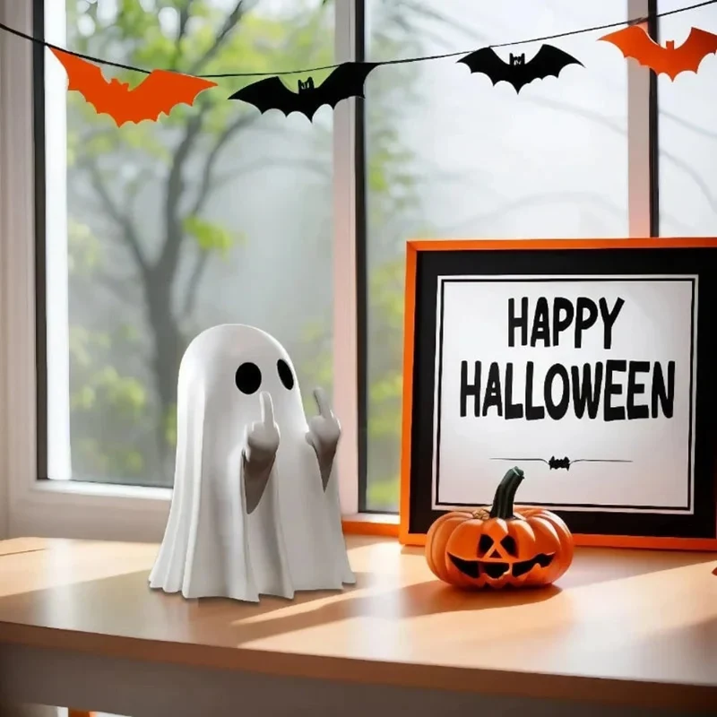 Ghost Figurine with Raised Middle Finger Matte White Plastic Halloween Decoration