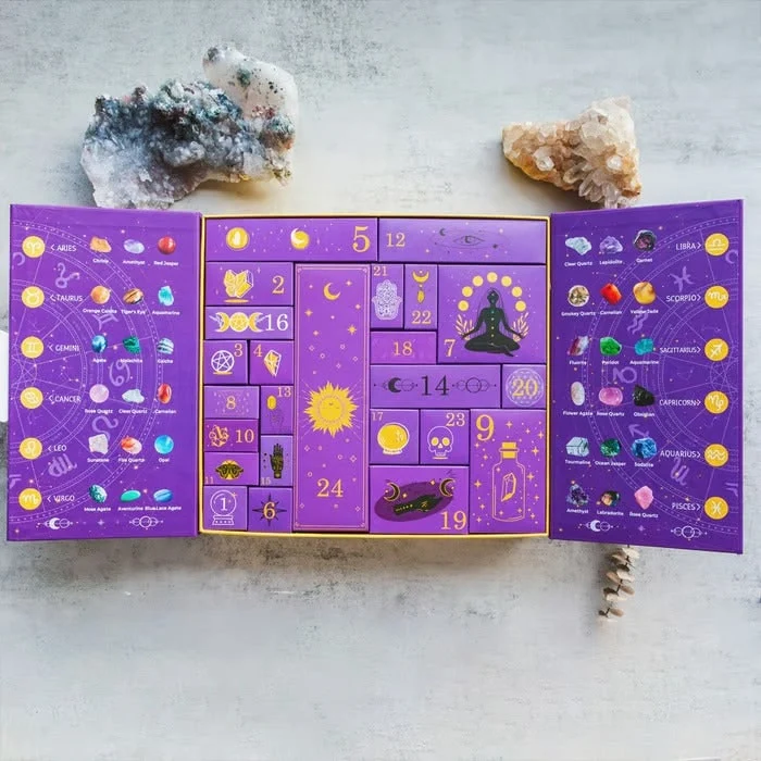 Crystal Advent Calendar with Gemstones and Carved Figurines 24 Drawers for Christmas