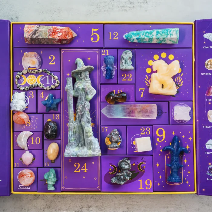 Crystal Advent Calendar with Gemstones and Carved Figurines 24 Drawers for Christmas