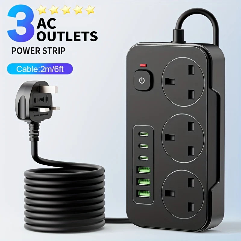 9-in-1 Power Extension Cord with 3 AC Outlets and 6 USB Ports