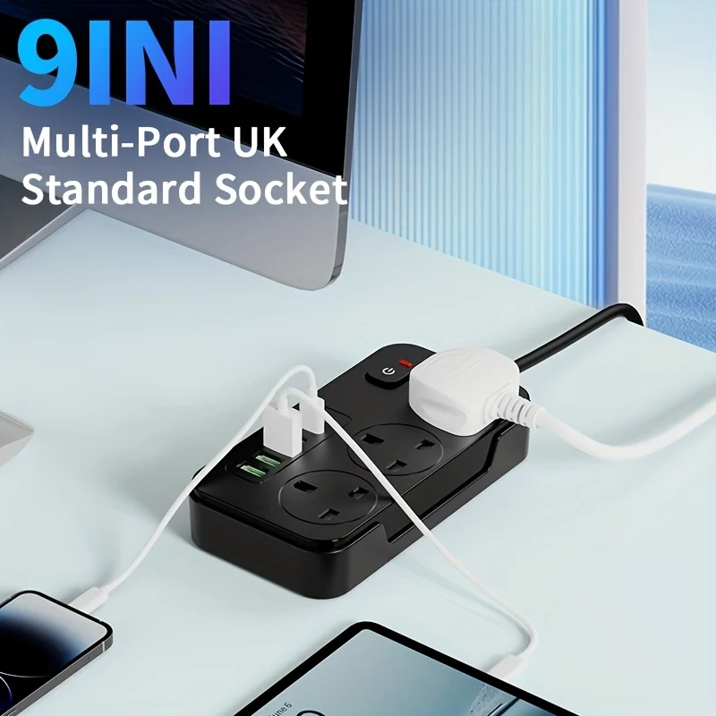 9-in-1 Power Extension Cord with 3 AC Outlets and 6 USB Ports