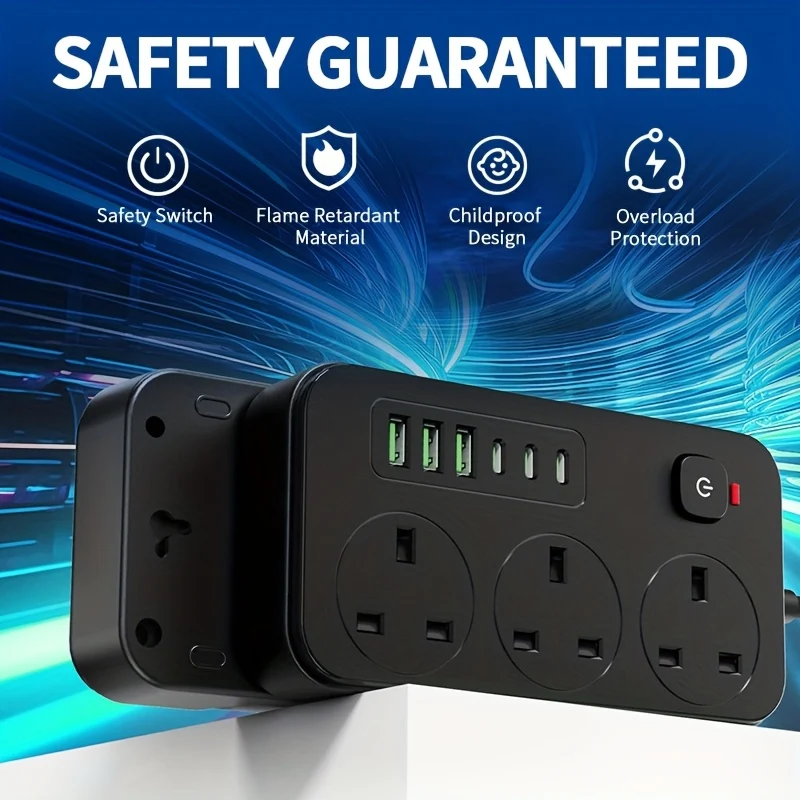 9-in-1 Power Extension Cord with 3 AC Outlets and 6 USB Ports