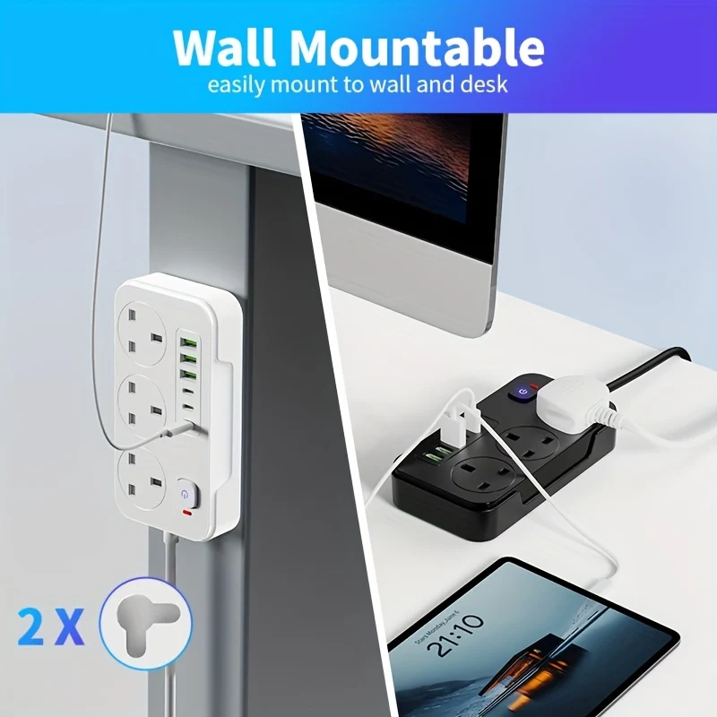 9-in-1 Power Extension Cord with 3 AC Outlets and 6 USB Ports