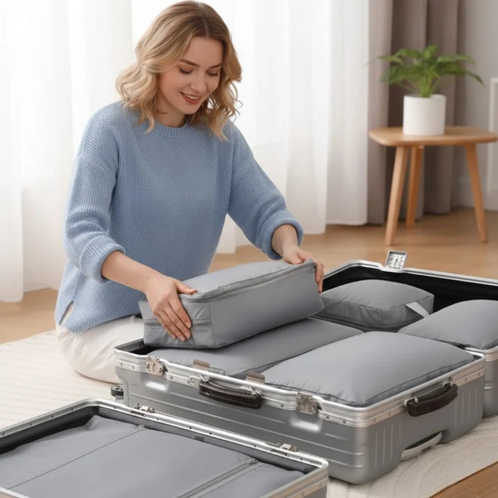 Compression Packing Cubes Set for Travel Luggage with Dual Zipper and Space-Saving Design