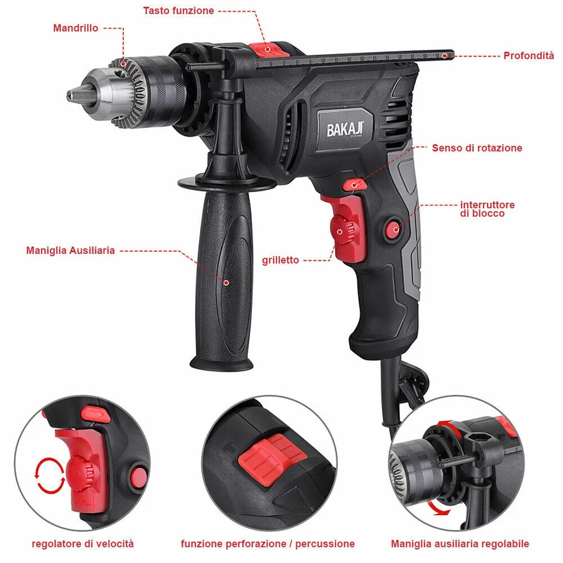 Trapano Elettrico a Percussione 600W Velocita Regolabile 3000rpm Mandrino 13mm