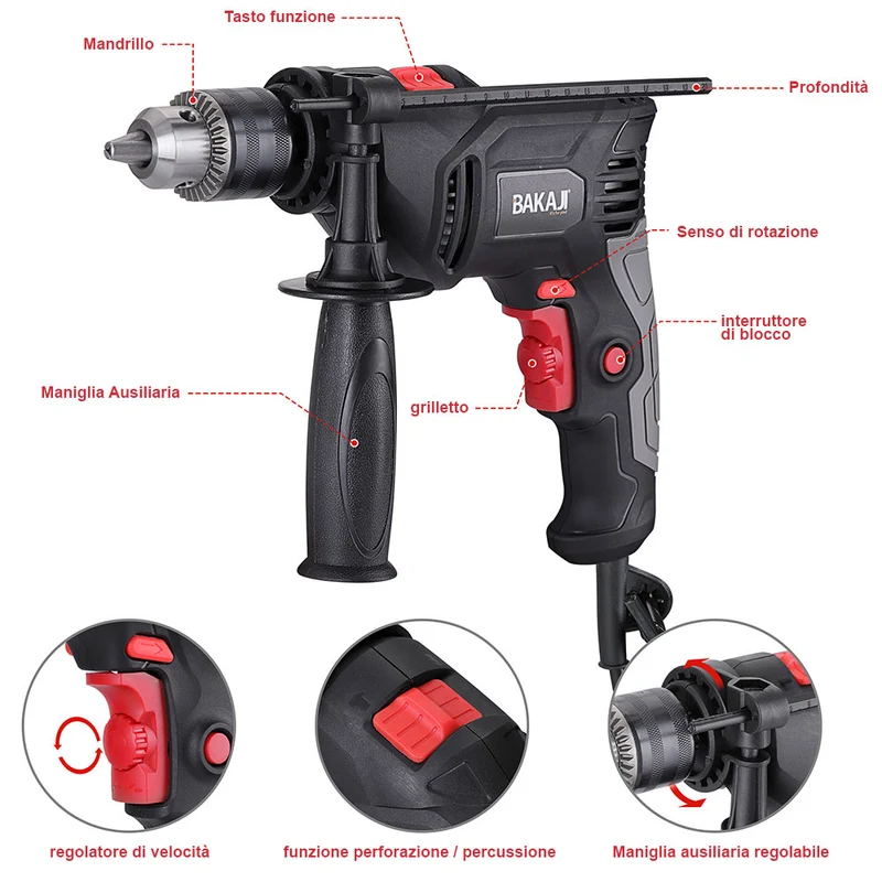 Trapano Elettrico a Percussione 600W Velocita Regolabile 3000rpm Mandrino 13mm