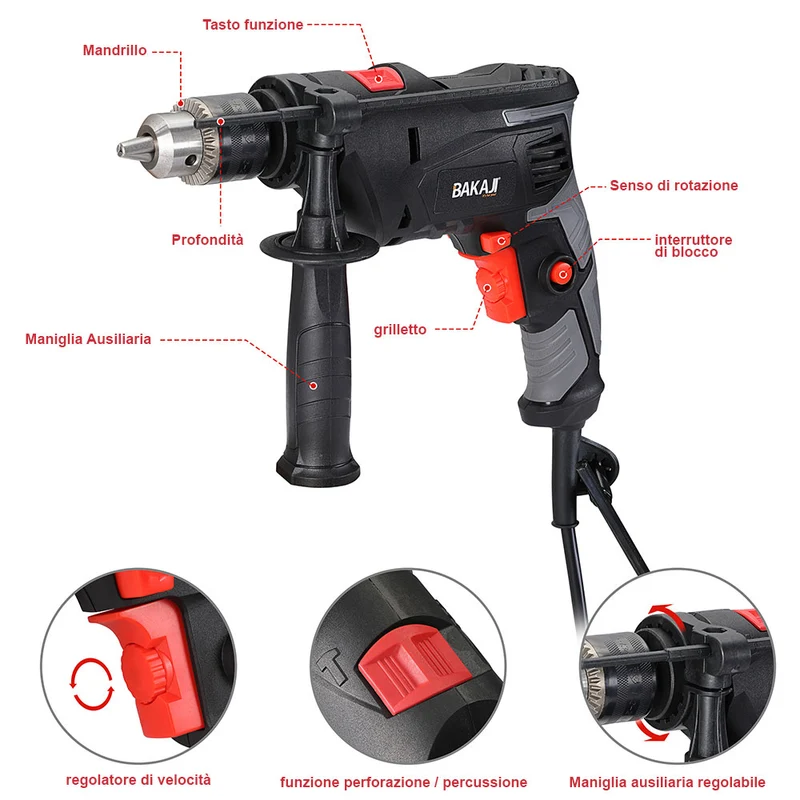 Trapano Elettrico a Percussione 900W Velocita Regolabile 3000rpm Mandrino 13mm