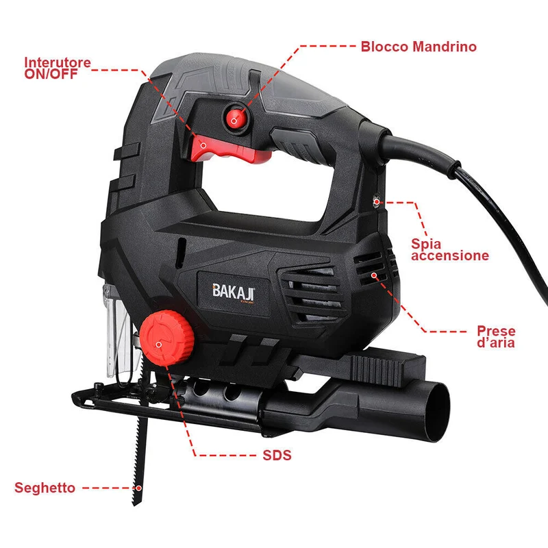 Seghetto Elettrico Alternativo 800W Velocita Regolabile Laser Valigetta e 6 Lame
