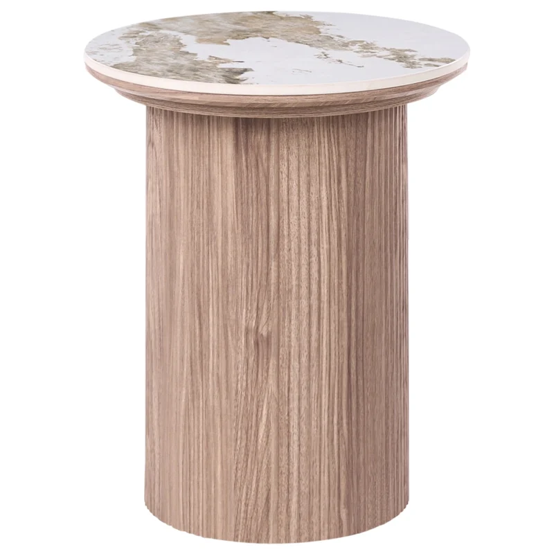 Tavolino Base in MDF Piano in marmo bianco ceramico Design moderno Gambe scanalate ø 45 cm marrone