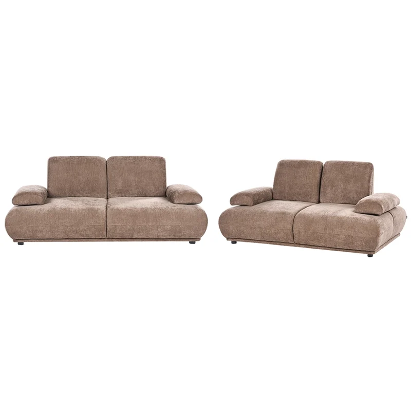 Set divano 3+2 posti rivestimento in tessuto marrone gambe in legno schienale e braccioli regolabili arredamento per soggiorno