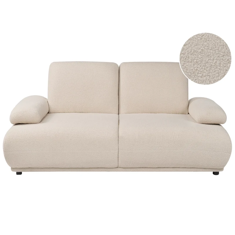 Divano a 2 posti beige con rivestimento in bouclé schienale e braccioli regolabili gambe in legno moderno per soggiorno