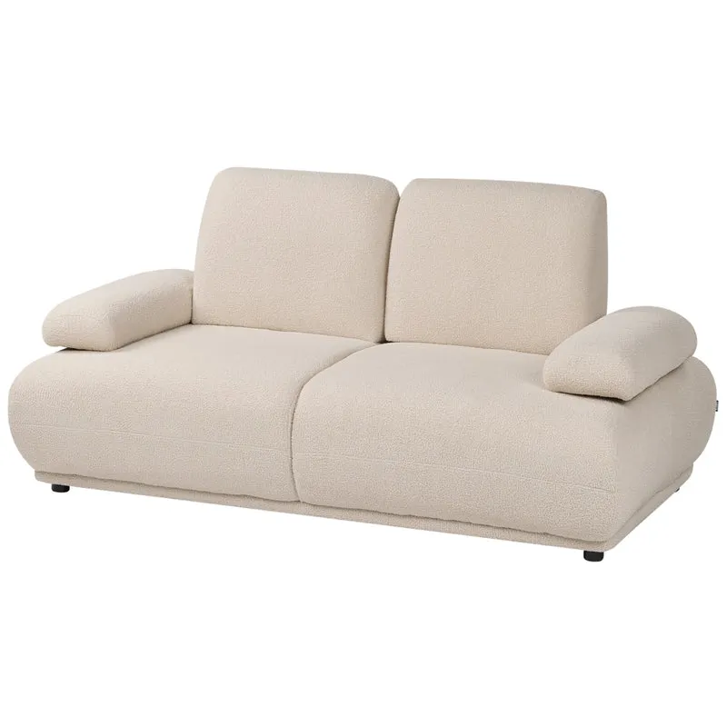 Divano a 2 posti beige con rivestimento in bouclé schienale e braccioli regolabili gambe in legno moderno per soggiorno