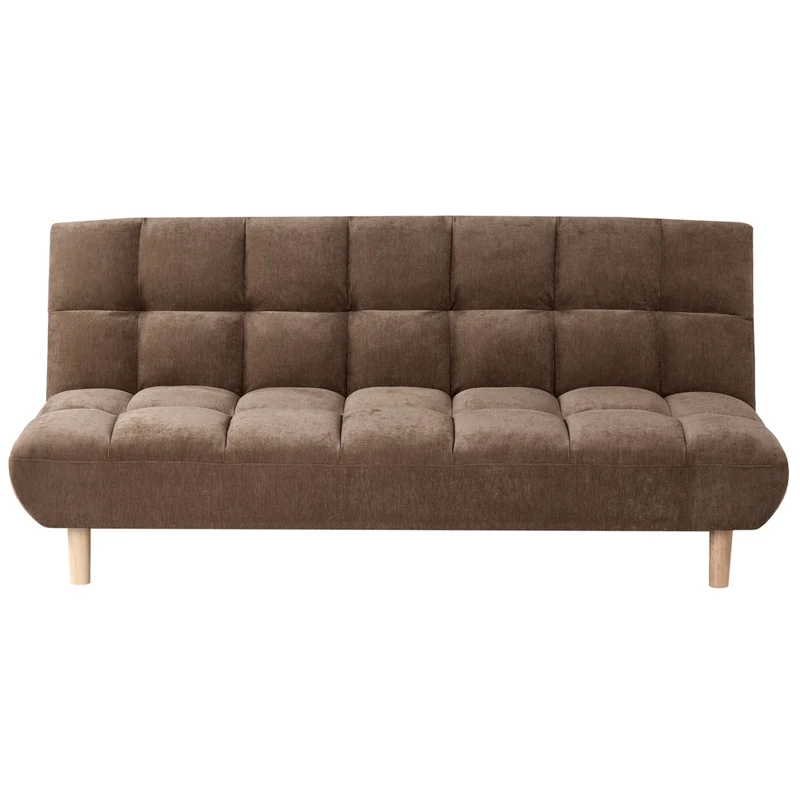 Divano letto marrone rivestito in tessuto con gambe in legno 2 posti schienale trapuntato seduta imbottita design moderno senza braccioli