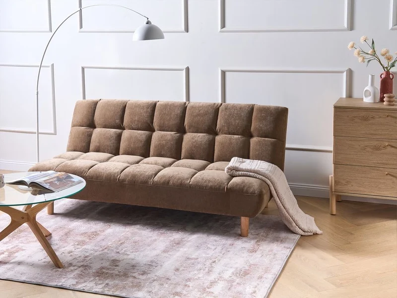 Divano letto marrone rivestito in tessuto con gambe in legno 2 posti schienale trapuntato seduta imbottita design moderno senza braccioli