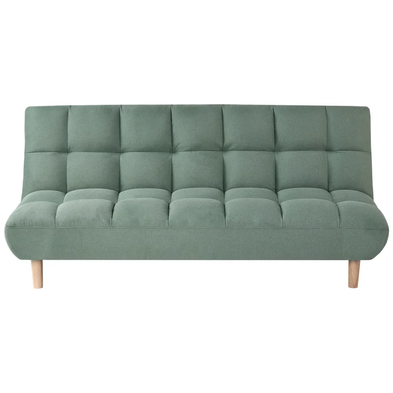 Divano letto verde chiaro rivestito in tessuto con gambe in legno 2 posti schienale trapuntato seduta imbottita design moderno senza braccioli