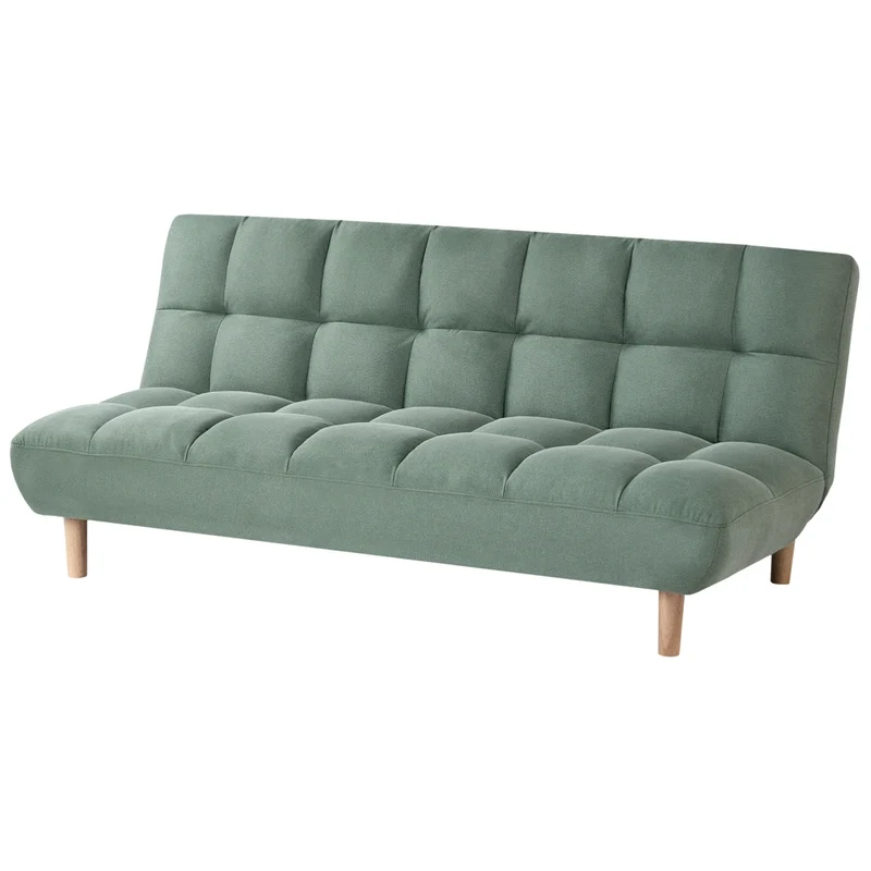 Divano letto verde chiaro rivestito in tessuto con gambe in legno 2 posti schienale trapuntato seduta imbottita design moderno senza braccioli