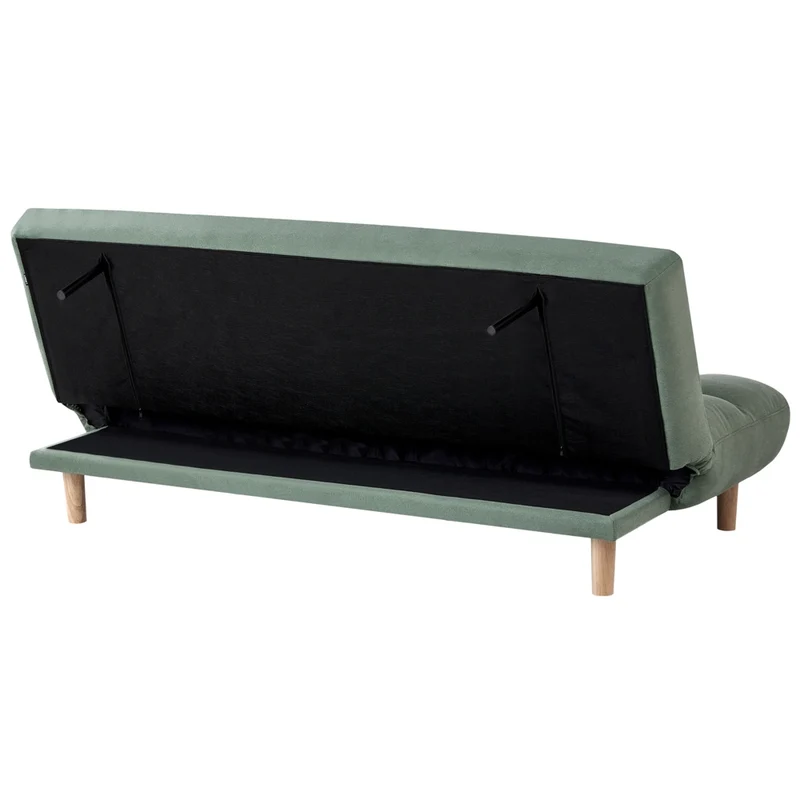 Divano letto verde chiaro rivestito in tessuto con gambe in legno 2 posti schienale trapuntato seduta imbottita design moderno senza braccioli