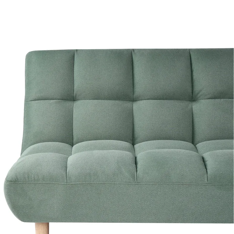 Divano letto verde chiaro rivestito in tessuto con gambe in legno 2 posti schienale trapuntato seduta imbottita design moderno senza braccioli