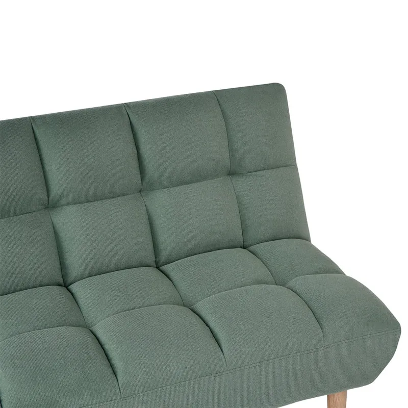Divano letto verde chiaro rivestito in tessuto con gambe in legno 2 posti schienale trapuntato seduta imbottita design moderno senza braccioli