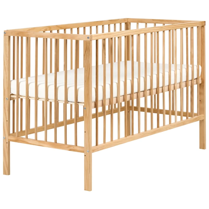 Lettino culla per neonati in legno di pino marrone chiaro 60 x 120 cm con barre regolabili in altezza Dimensioni standard