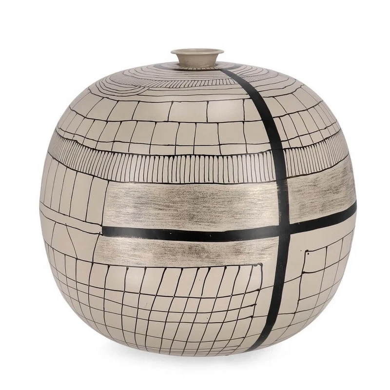 Vaso decorativo tondo in metallo con motivi geometrici beige - SORAYA