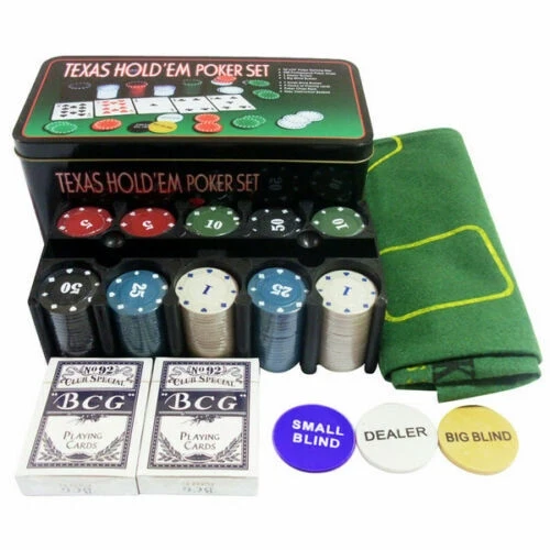 Set Kit Texas Poker Holdem in Scatola 200 Fiches Chips con Tappeto da Gioco
