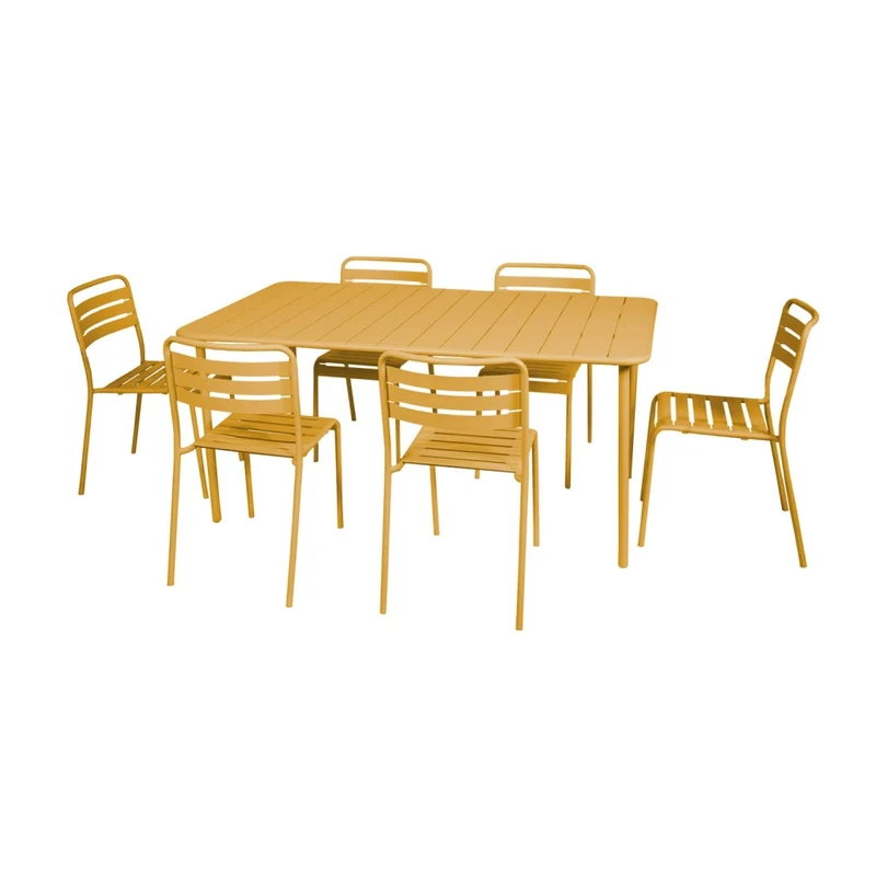 Set tavolo da giardino in acciaio con 6 sedie, 160cm, ocra