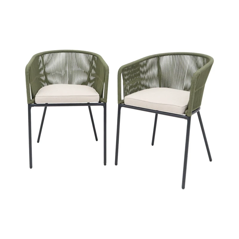 Set 2 poltrone da giardino in corda e acciaio zincato, verde kaki