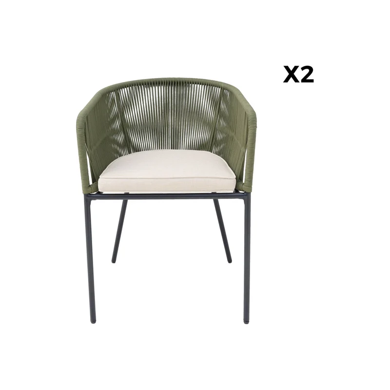 Set 2 poltrone da giardino in corda e acciaio zincato, verde kaki