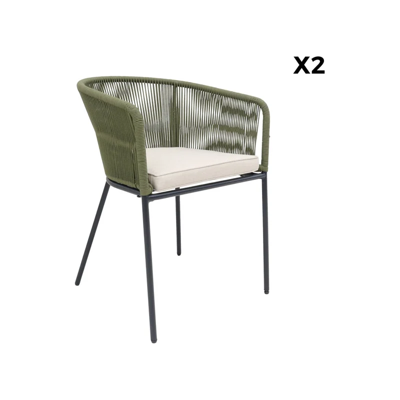 Set 2 poltrone da giardino in corda e acciaio zincato, verde kaki