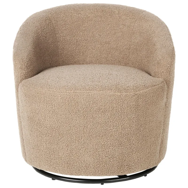 Poltrona con schienale curvo in tessuto bouclé tortora base girevole 360° Art Deco dorato