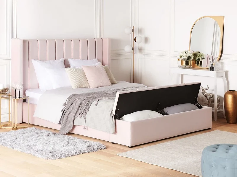 Letto matrimoniale ad acqua in velluto rosa pastello con cassapanca 160 x 200 cm moderno glam morbido materasso camera da letto
