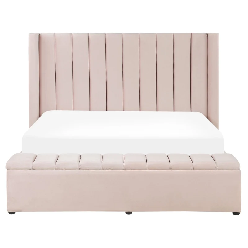 Letto matrimoniale ad acqua in velluto rosa pastello con cassapanca 160 x 200 cm moderno glam morbido materasso camera da letto