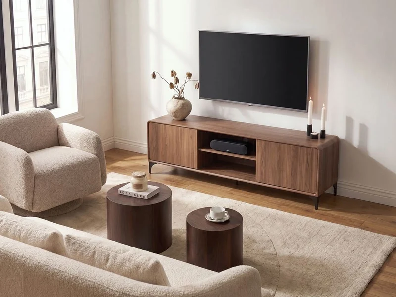 Mobile TV marrone scuro in MDF con gambe in metallo e passacavi per soggiorno moderno
