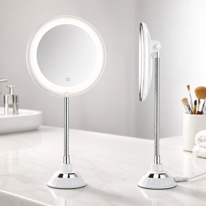 LED Magnifying Makeup Mirror with Flexible Gooseneck and Suction Cup Mount