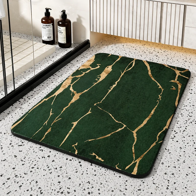 Quick Dry Bathroom Bath Rugs with Non Slip Base and Marble Pattern