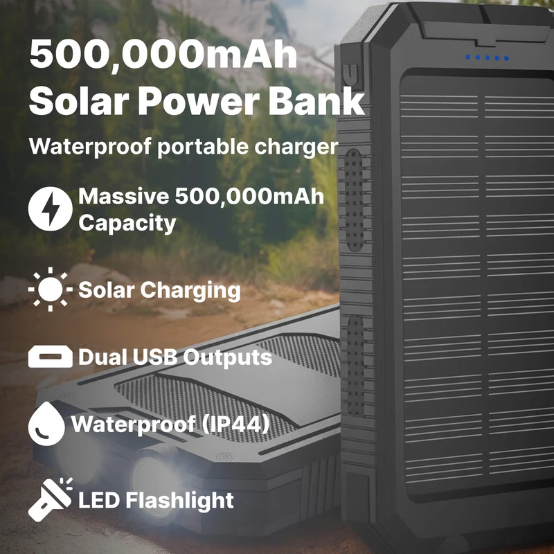 Solar Powerbank – Robuuste Externe Accu met Zonnepaneel & Dubbele USB