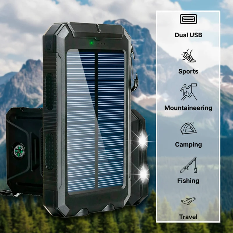 Solar Powerbank – Robuuste Externe Accu met Zonnepaneel & Dubbele USB