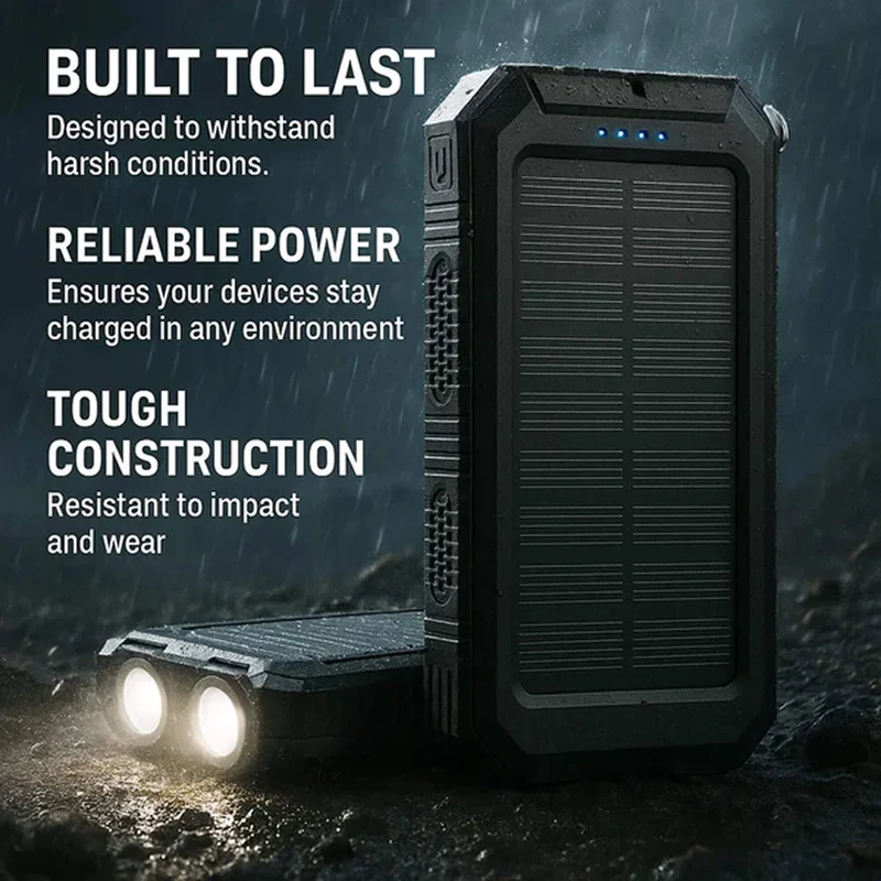 Solar Powerbank – Robuuste Externe Accu met Zonnepaneel & Dubbele USB