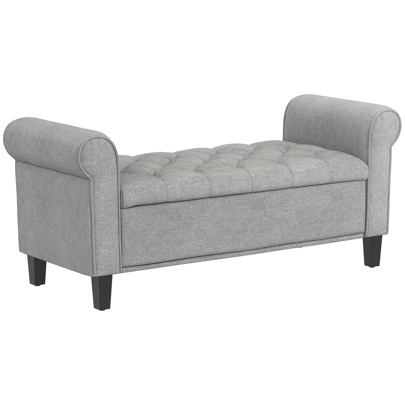 Panca Fondo Letto 126x48,5x57 cm con Contenitore e Braccioli Arrotolati in Tessuto Effetto Velluto Grigio Chiaro
