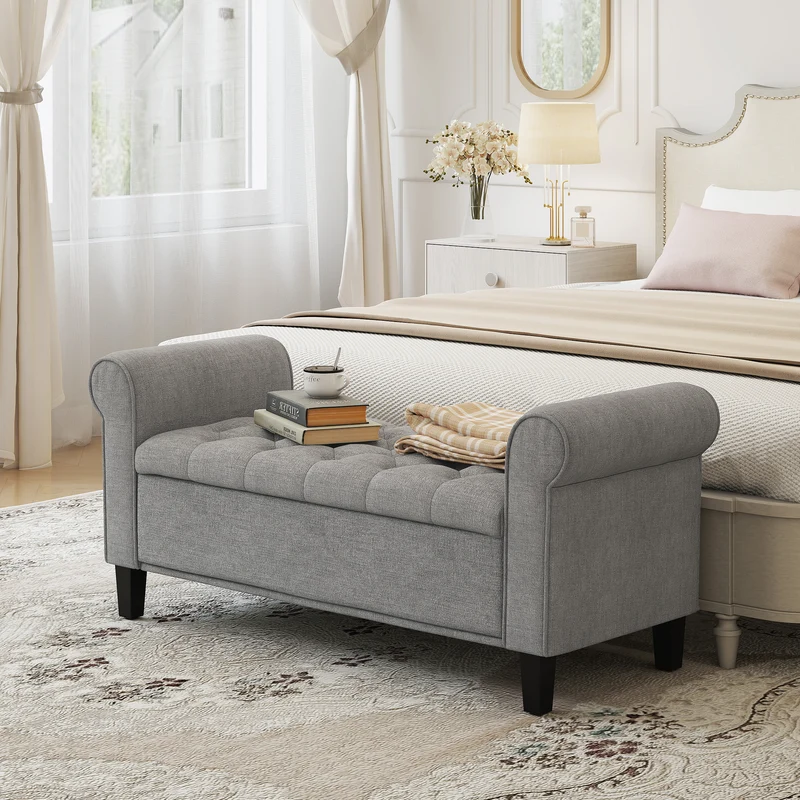 Panca Fondo Letto 126x48,5x57 cm con Contenitore e Braccioli Arrotolati in Tessuto Effetto Velluto Grigio Chiaro