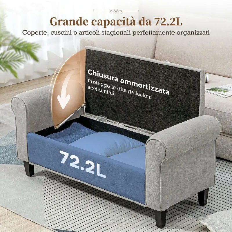 Panca Fondo Letto 126x48,5x57 cm con Contenitore e Braccioli Arrotolati in Tessuto Effetto Velluto Grigio Chiaro