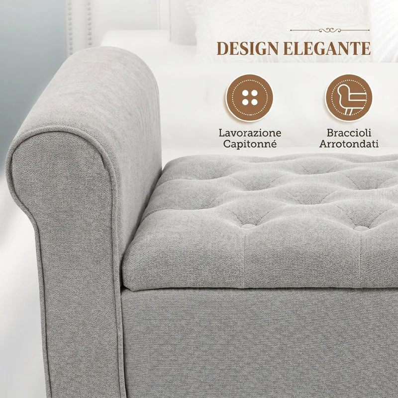 Panca Fondo Letto 126x48,5x57 cm con Contenitore e Braccioli Arrotolati in Tessuto Effetto Velluto Grigio Chiaro