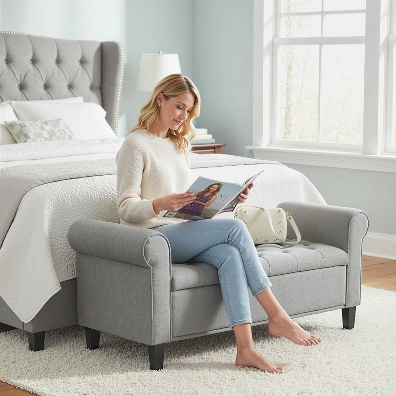 Panca Fondo Letto 126x48,5x57 cm con Contenitore e Braccioli Arrotolati in Tessuto Effetto Velluto Grigio Chiaro