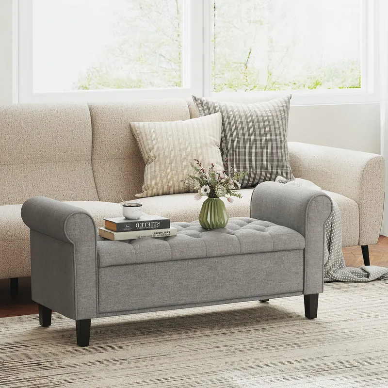 Panca Fondo Letto 126x48,5x57 cm con Contenitore e Braccioli Arrotolati in Tessuto Effetto Velluto Grigio Chiaro