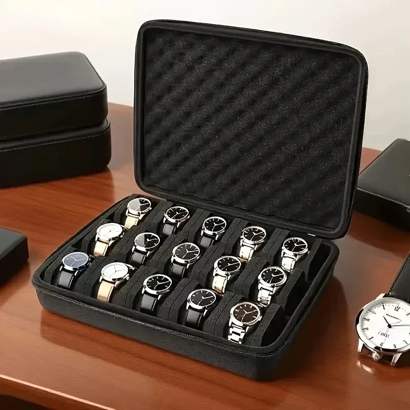 Horlogebox – 15 Vakken met Gevoerde Kussens, Ritssluiting en Handvat