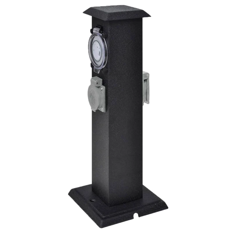 Presa Elettrica Giardino a Pilastro Design in Ferro Timer Maccanico 2 Prese Nera