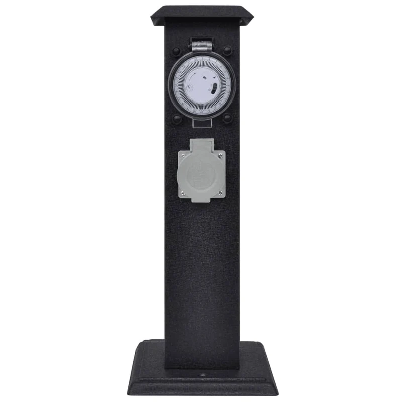 Presa Elettrica Giardino a Pilastro Design in Ferro Timer Maccanico 2 Prese Nera