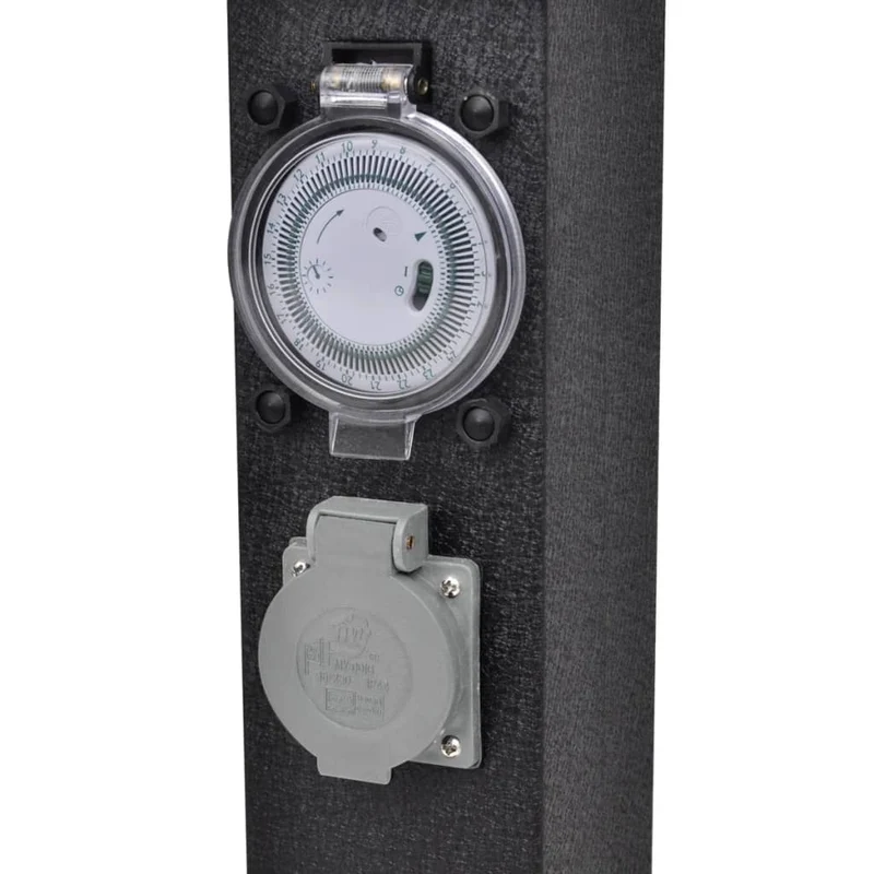 Presa Elettrica Giardino a Pilastro Design in Ferro Timer Maccanico 2 Prese Nera