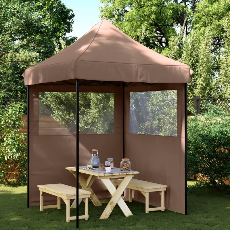 Tendone per Feste Pieghevole Pop-Up con 2 Pareti Marrone Cornice Nera